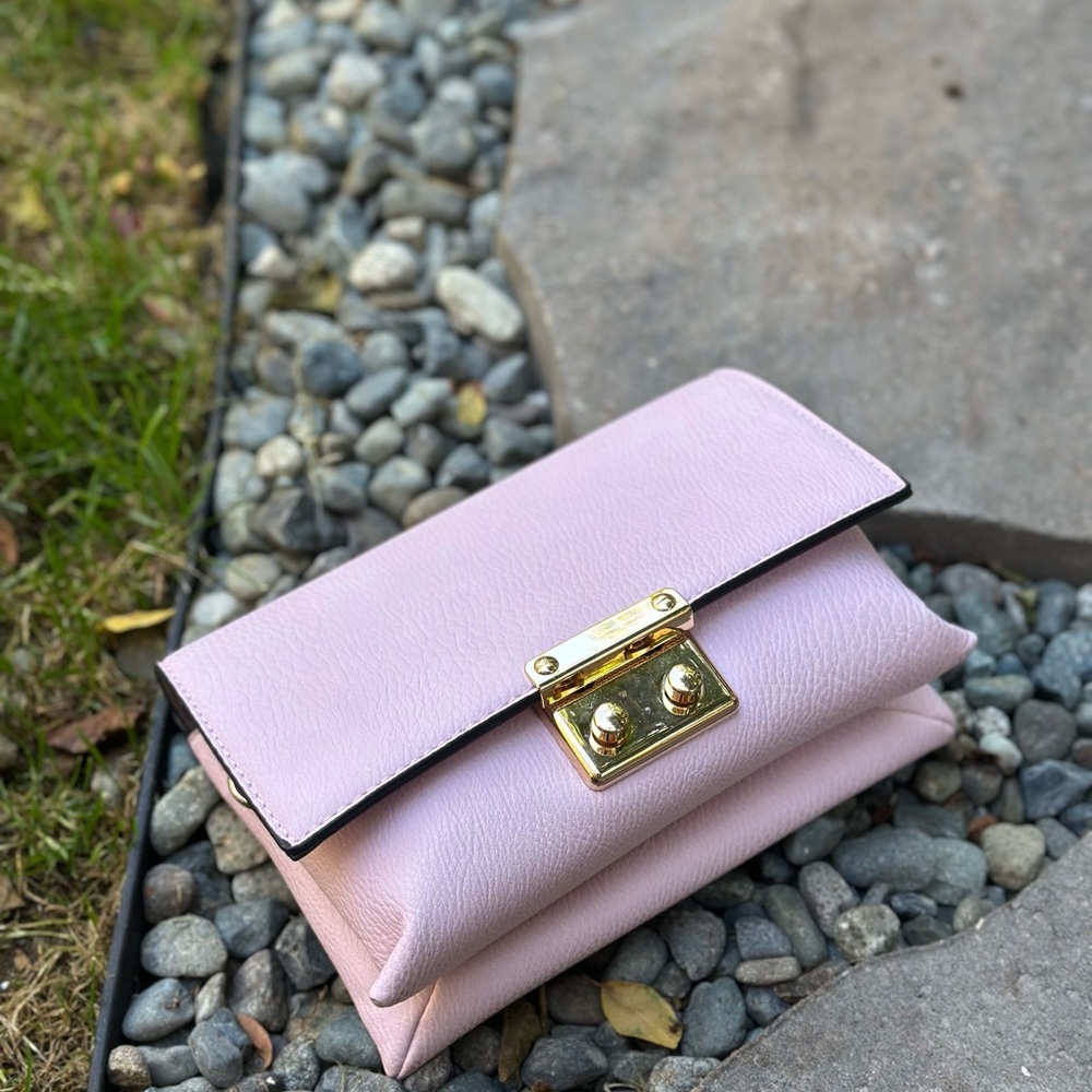 Classic Pink Leather Wristlet Clutch with Gold Hardware
